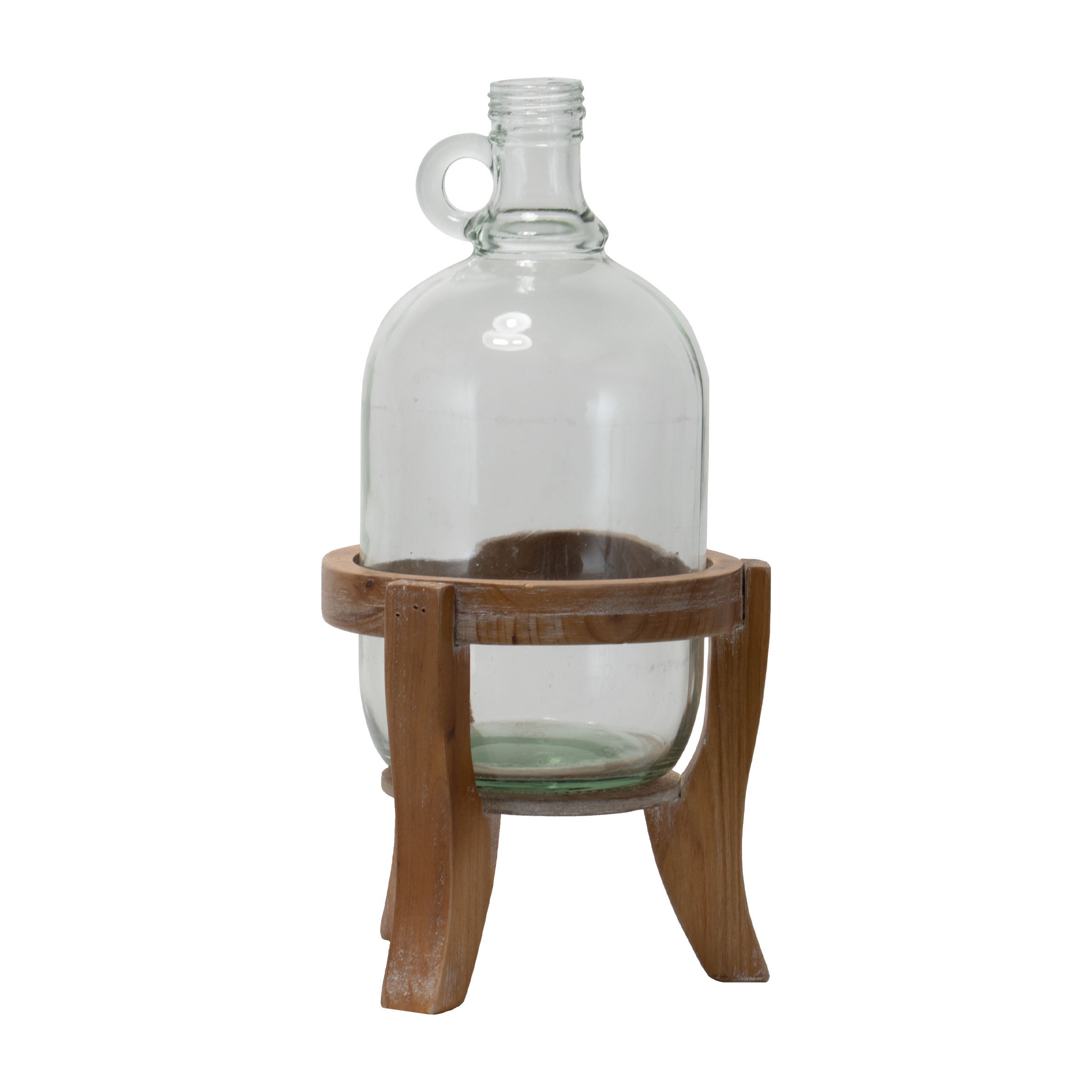 vintage glass jug vase in wood stand