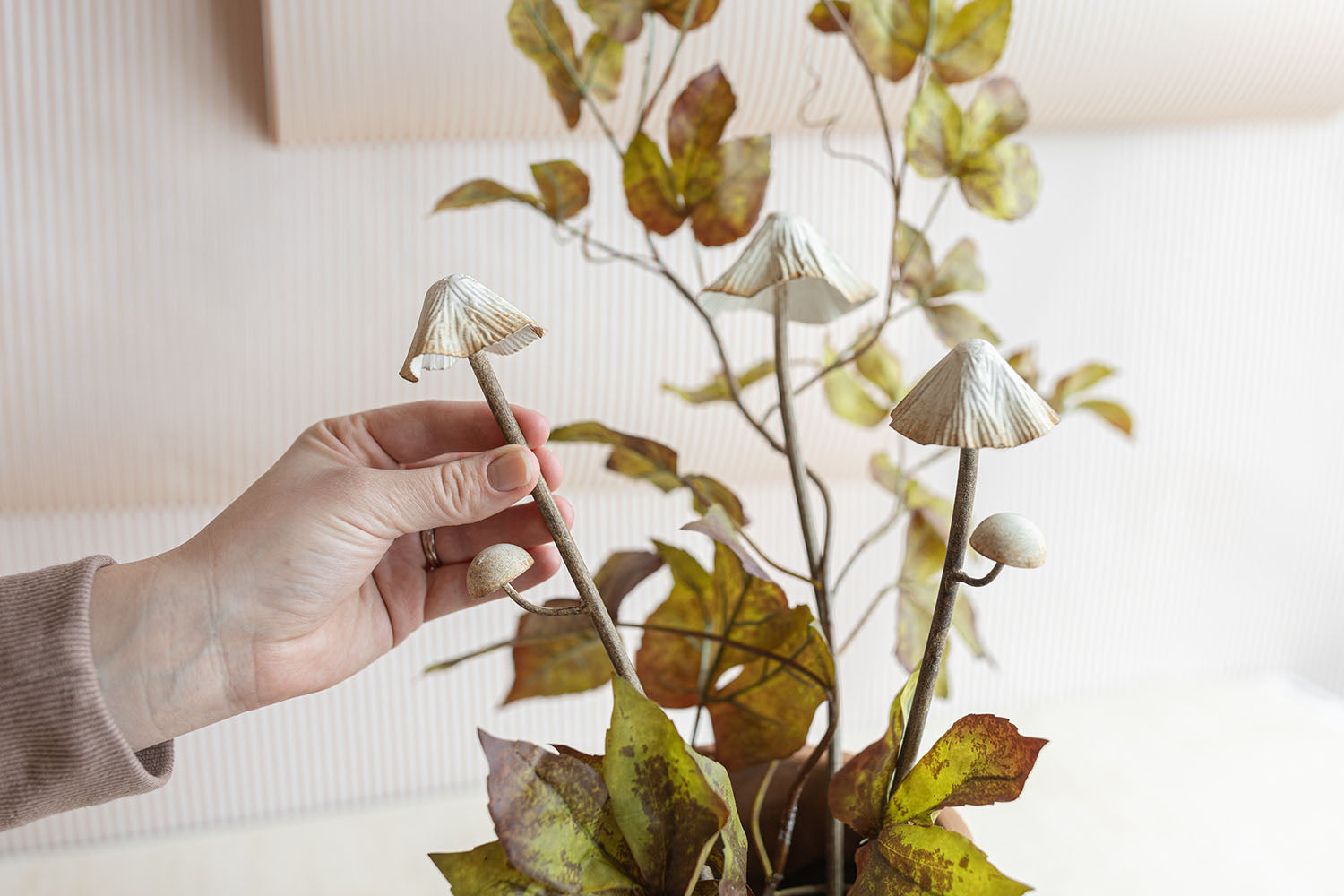 Abeline mushroom stakes with leaf stems, Foreside Home & Garden